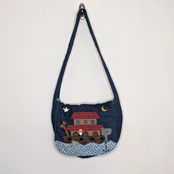 Vintage Calico Collectibles Noah's Arc Denim Quilted Purse Handbag Church USA - Picture 1 of 10